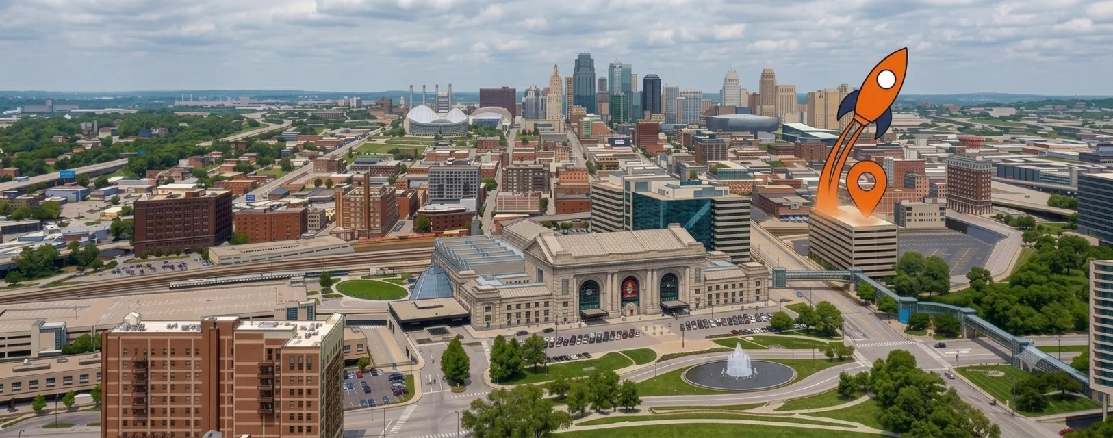 Illustration of a rocket launching from a map pin over the downtown Kansas City skyline